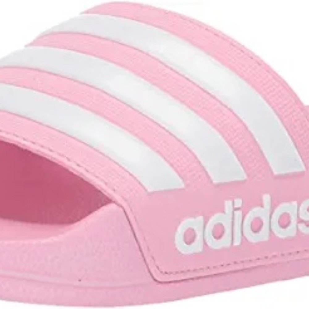 Adidas Girls Adilette Pink Slide Sandals With White Stripes - Picture 4 of 6